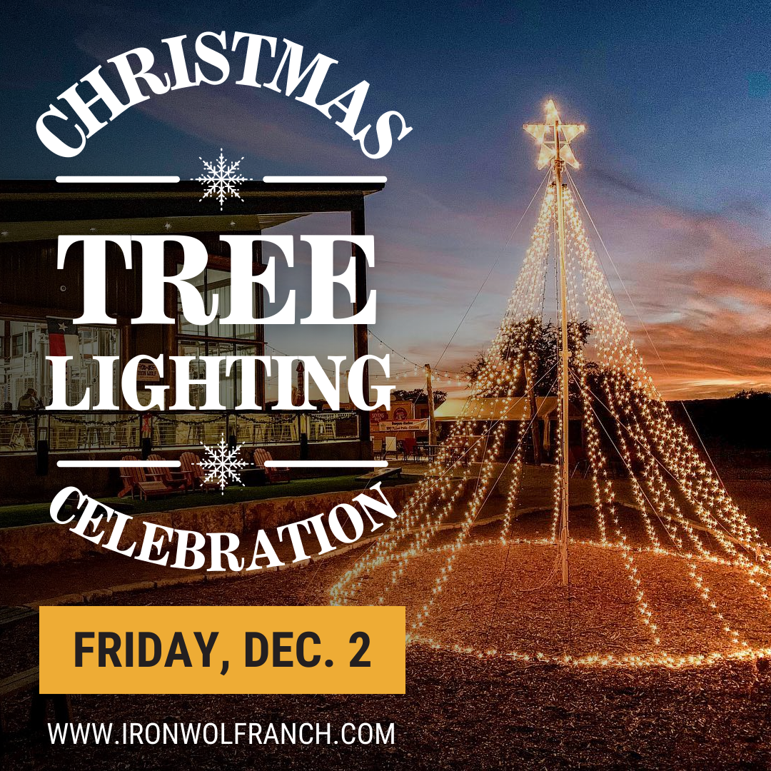 Promo image for Christmas tree lighting celebration at Iron Wolf Ranch & Distillery December 2 from 4-7pm