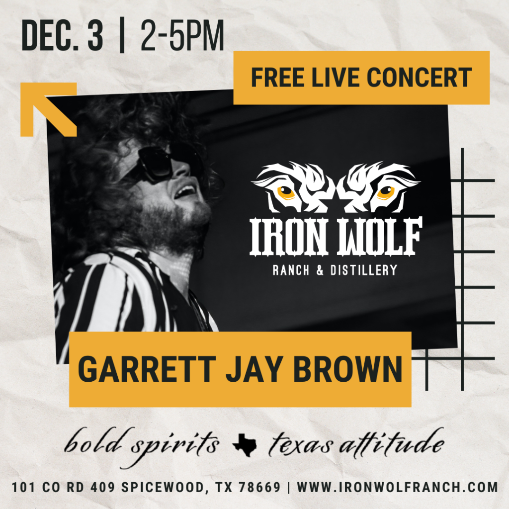 Promo for Garrett Jay Brown concert at Iron Wolf on Dec. 3 from 2-5pm