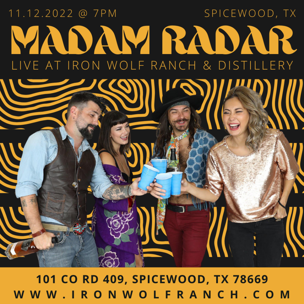 Promo image for Madam Radar concert at Iron Wolf Ranch & Distillery on November 12th 7-10pm