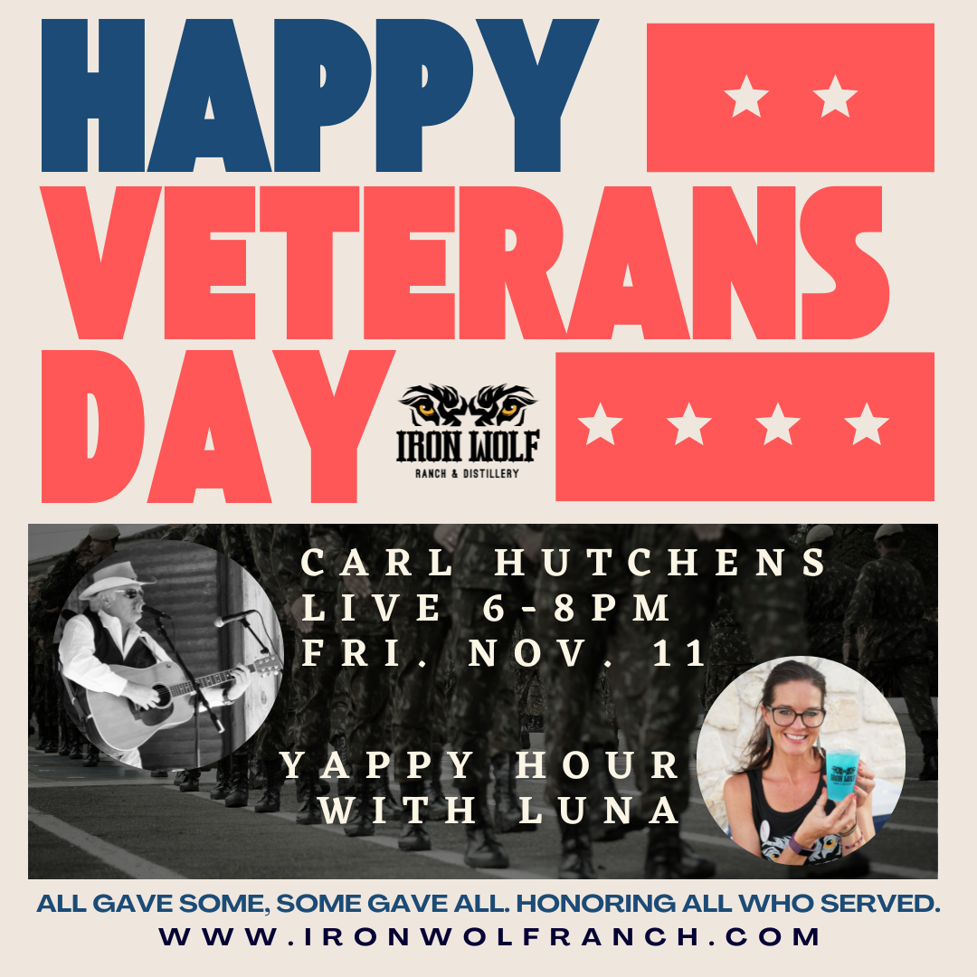 promo for Veterans Day tribute concert at Iron Wolf on Nov. 11 from 6-8pm