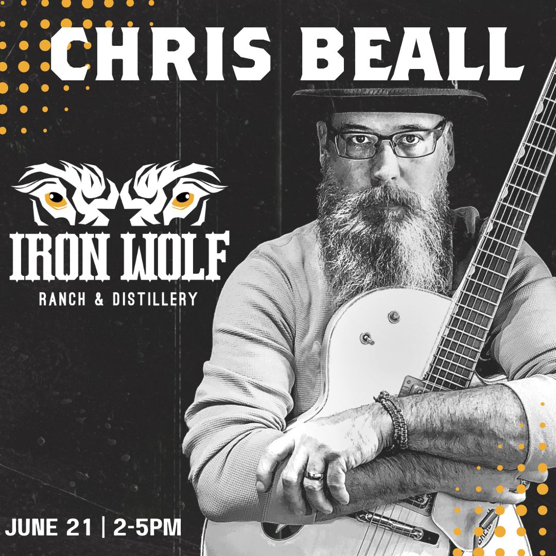 Chris Beall live music at Iron Wolf Ranch & Distillery on June 21, performing indoors in The Den.